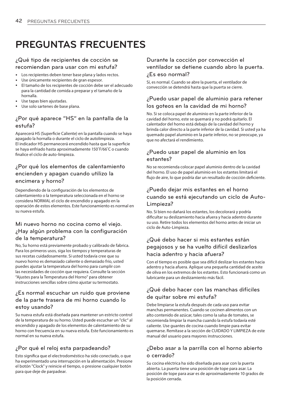 Preguntas frecuentes, Por qué aparece “hs” en la pantalla de la estufa, Por qué el reloj esta parpadeando | Puedo usar papel de aluminio en los estantes | LG LRE3085ST User Manual | Page 88 / 100