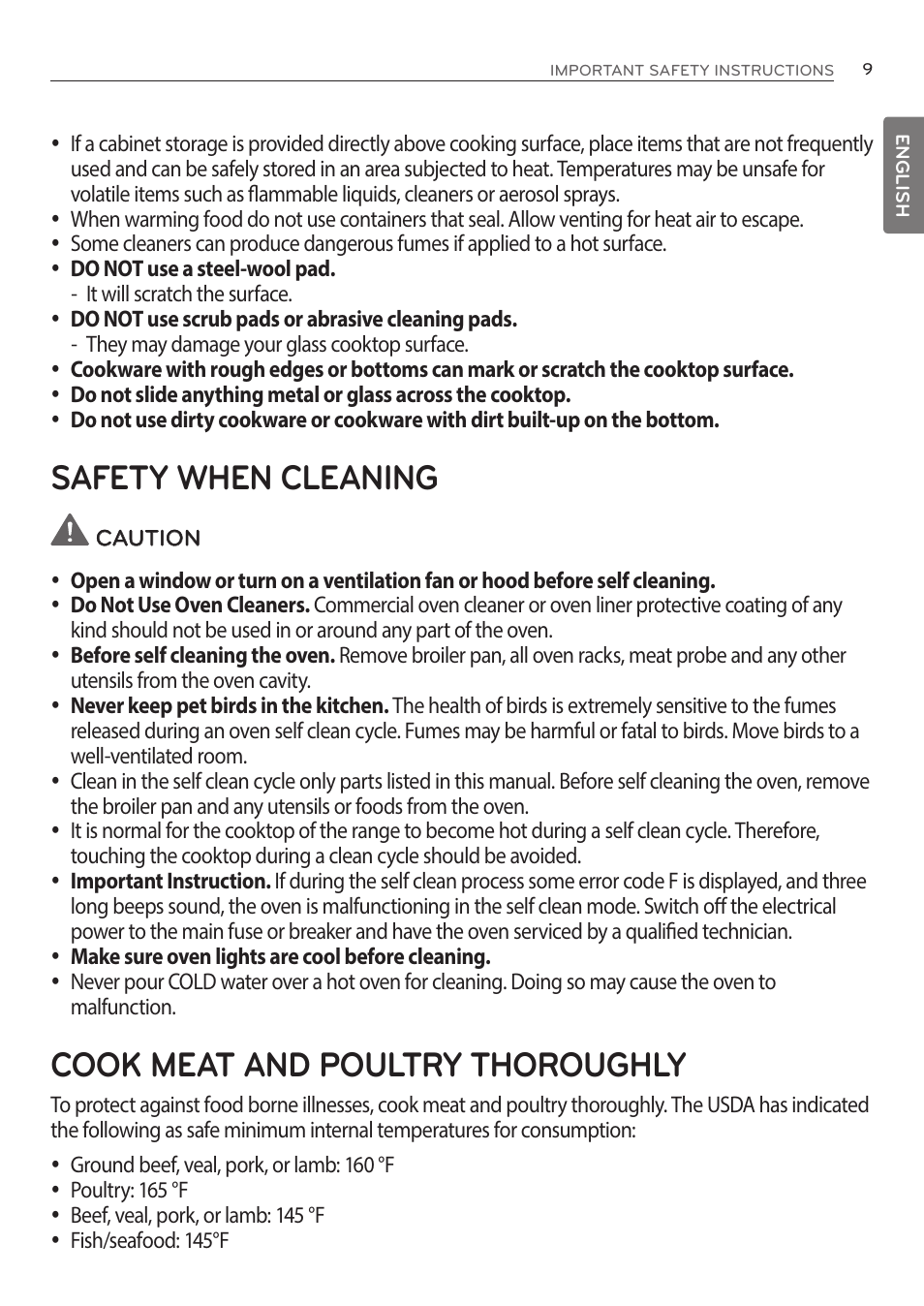 Safety when cleaning, Cook meat and poultry thoroughly | LG LRE3085ST User Manual | Page 9 / 100