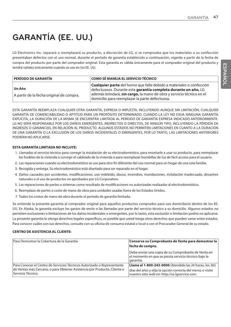 Garantía (ee. uu.), Esp añol | LG LRE3085ST User Manual | Page 93 / 100