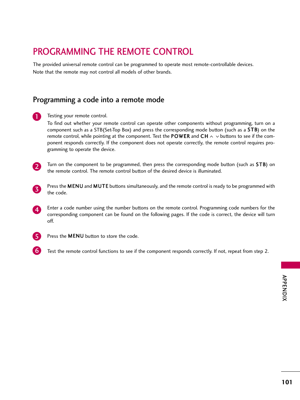 Programming the remote control, Programming a code into a remote mode | LG 32LD655H User Manual | Page 101 / 167