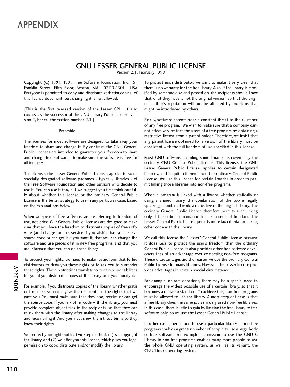 Appendix, Gnu lesser general public license | LG 32LD655H User Manual | Page 110 / 167