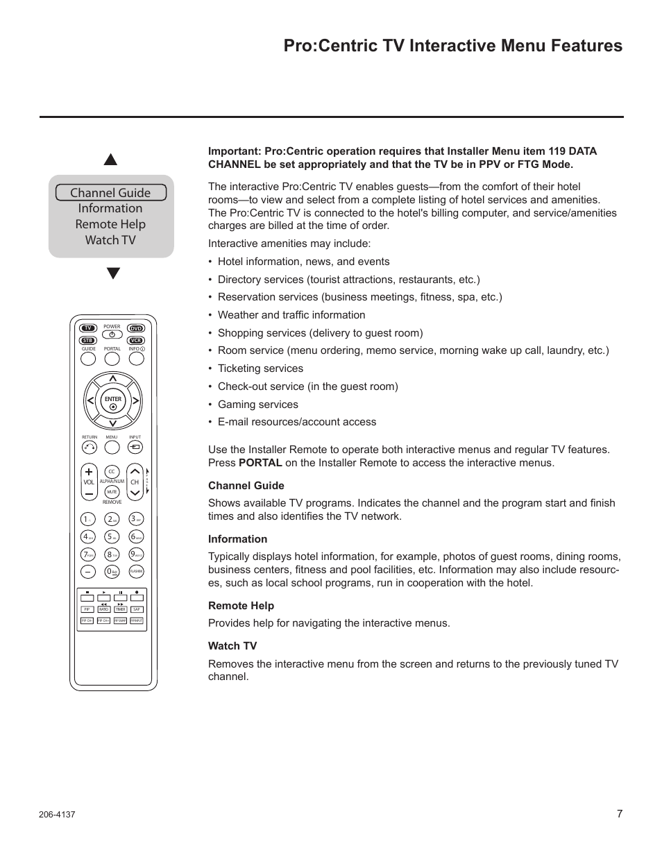 Pro:centric tv interactive menu features, Channel guide information remote help watch tv | LG 32LD655H User Manual | Page 126 / 167
