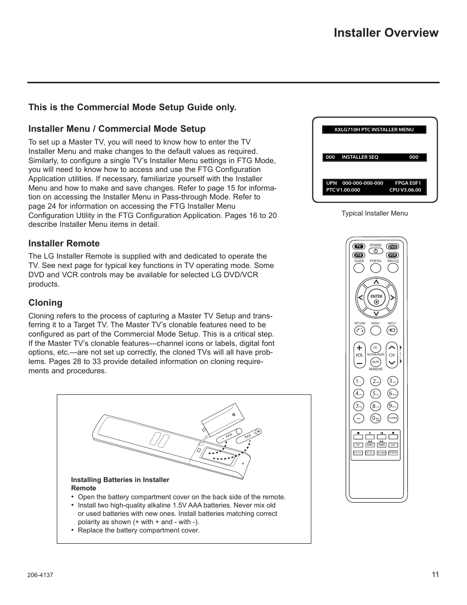 Installer overview, Installer remote, Cloning | LG 32LD655H User Manual | Page 130 / 167