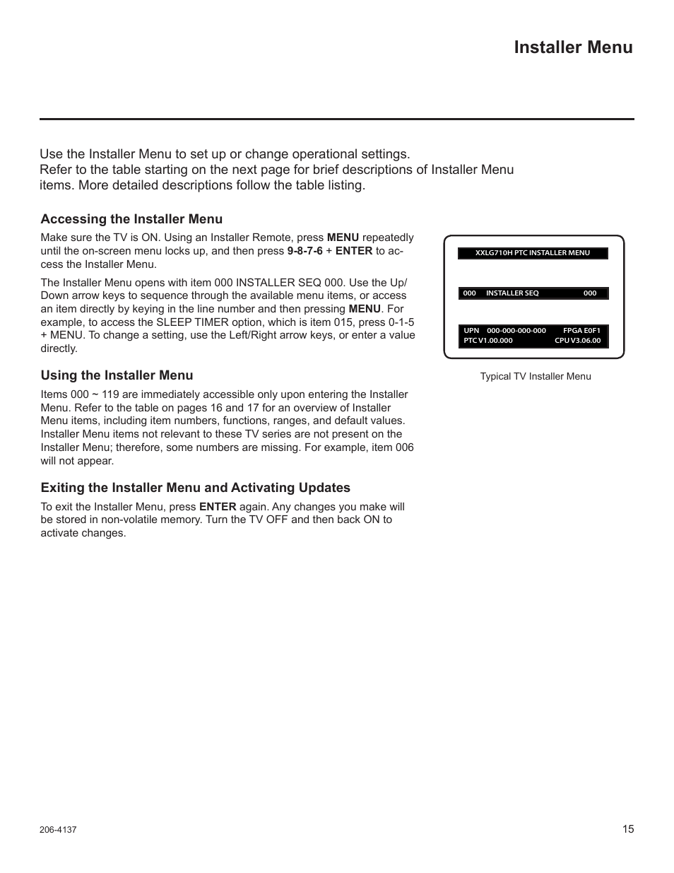 Installer menu, Using the installer menu, Exiting the installer menu and activating updates | LG 32LD655H User Manual | Page 134 / 167