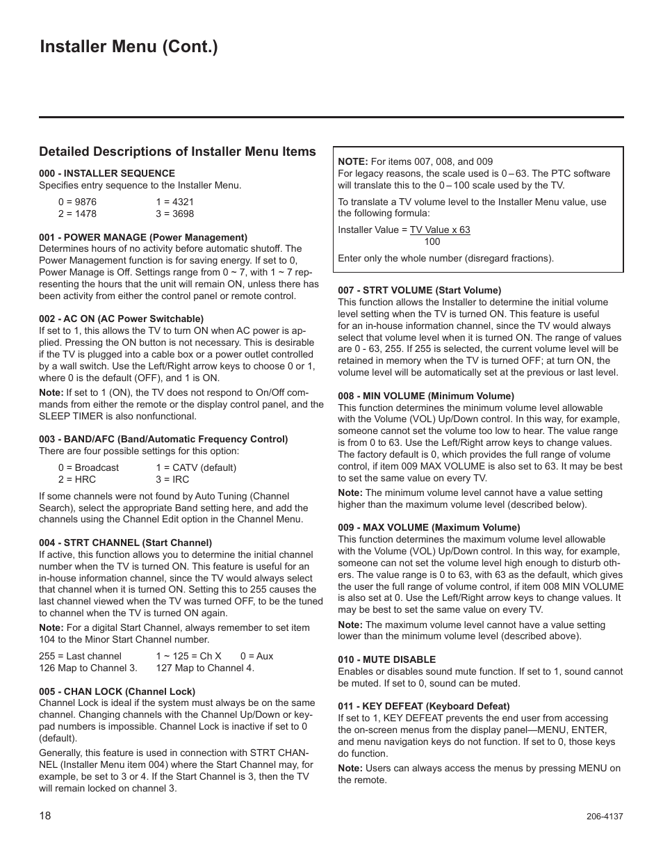 Installer menu (cont.), Detailed descriptions of installer menu items | LG 32LD655H User Manual | Page 137 / 167