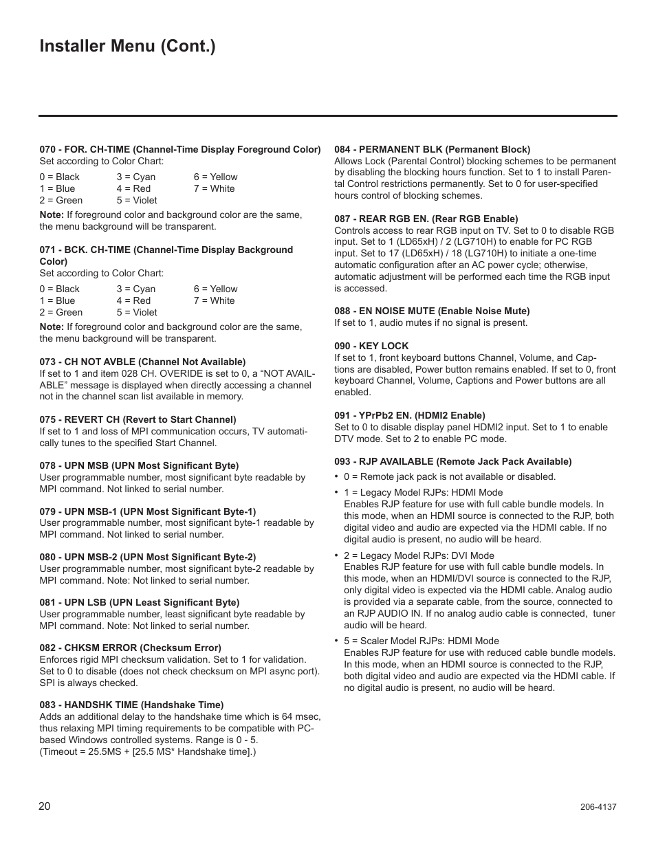 Installer menu (cont.) | LG 32LD655H User Manual | Page 139 / 167