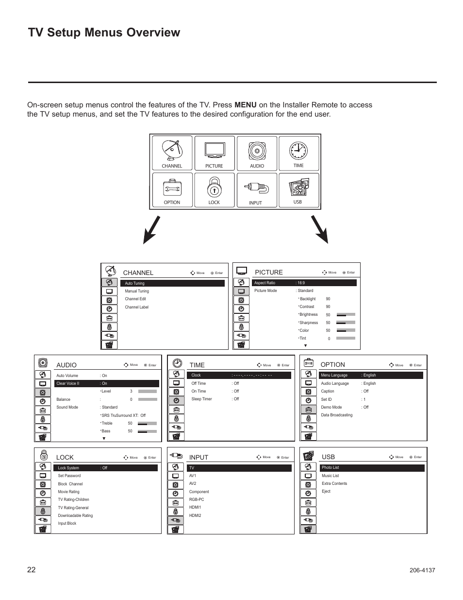 Tv setup menus overview, Audio, Channel | Input, Lock, Picture, Option, Time | LG 32LD655H User Manual | Page 141 / 167