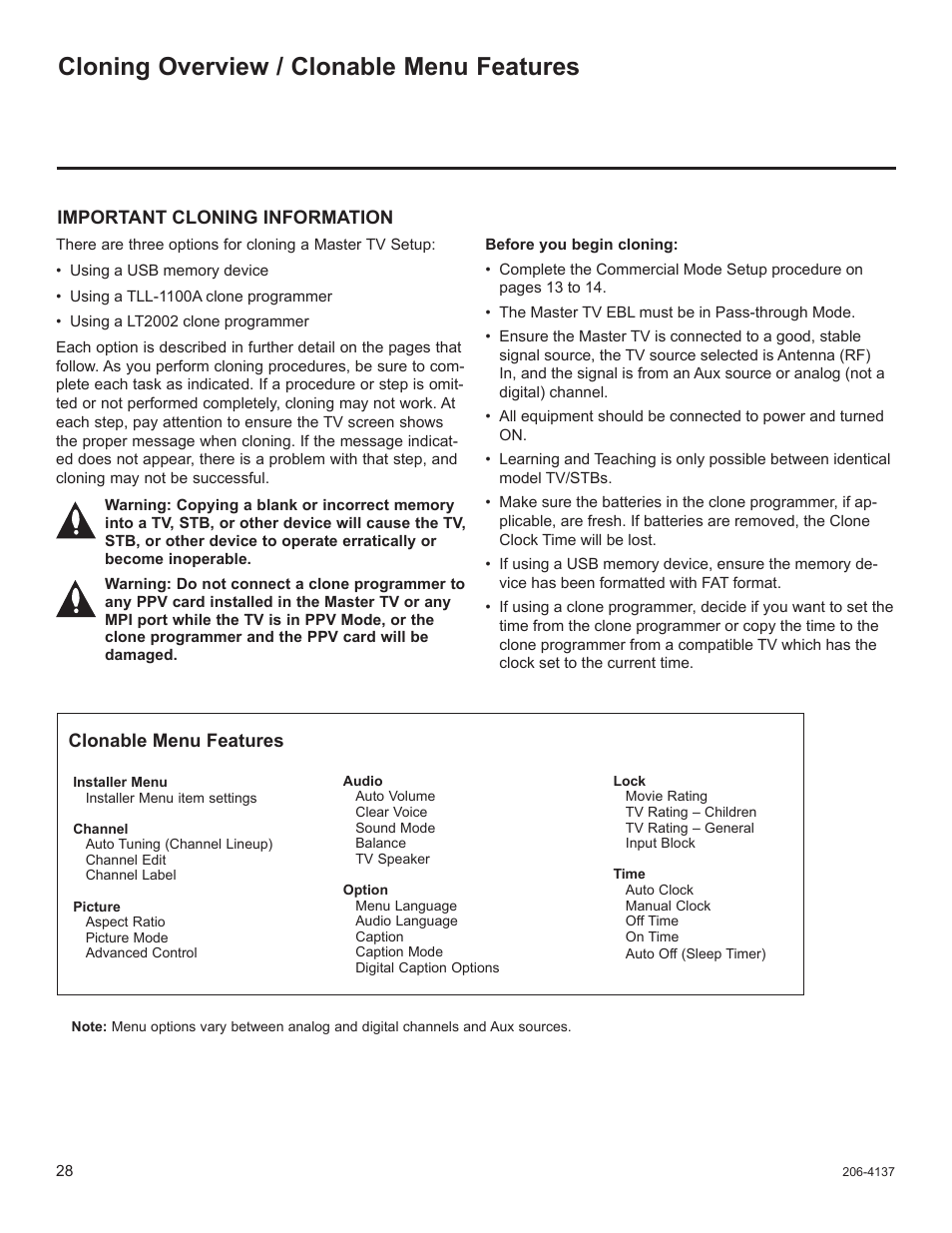 Cloning overview / clonable menu features | LG 32LD655H User Manual | Page 147 / 167
