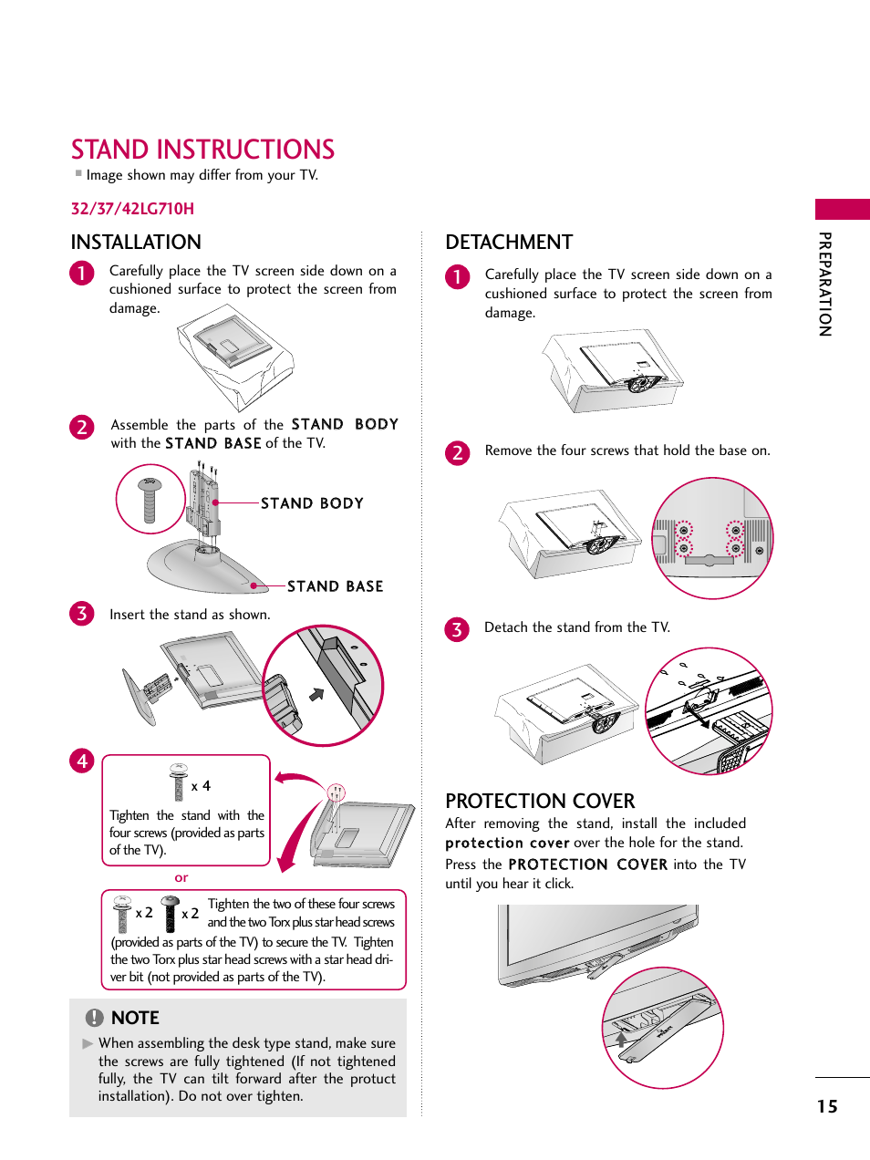 Stand instruction, Stand instructions, Detachment | Installation, Protection cover | LG 32LD655H User Manual | Page 15 / 167