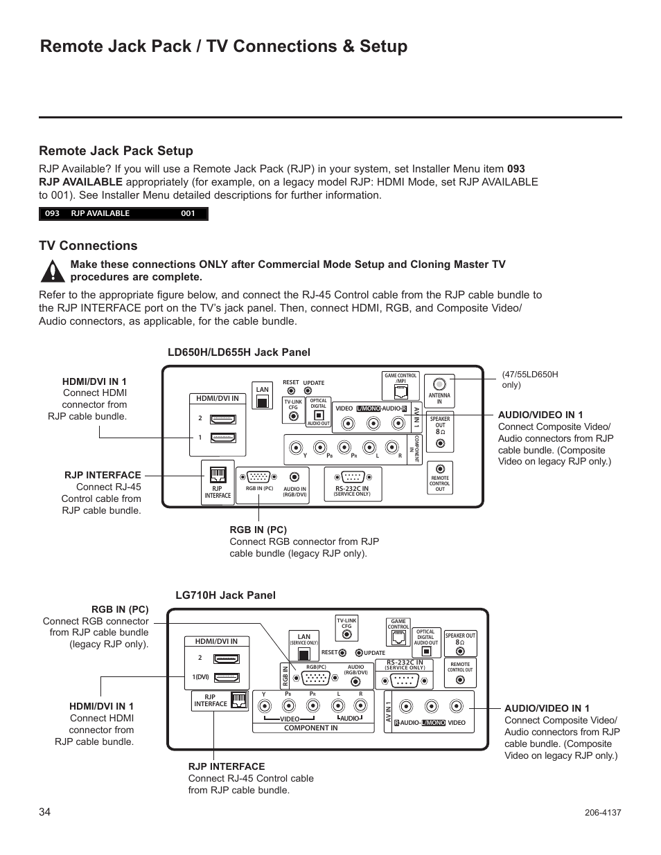Remote jack pack / tv connections & setup, Remote jack pack setup, Tv connections | LG 32LD655H User Manual | Page 153 / 167