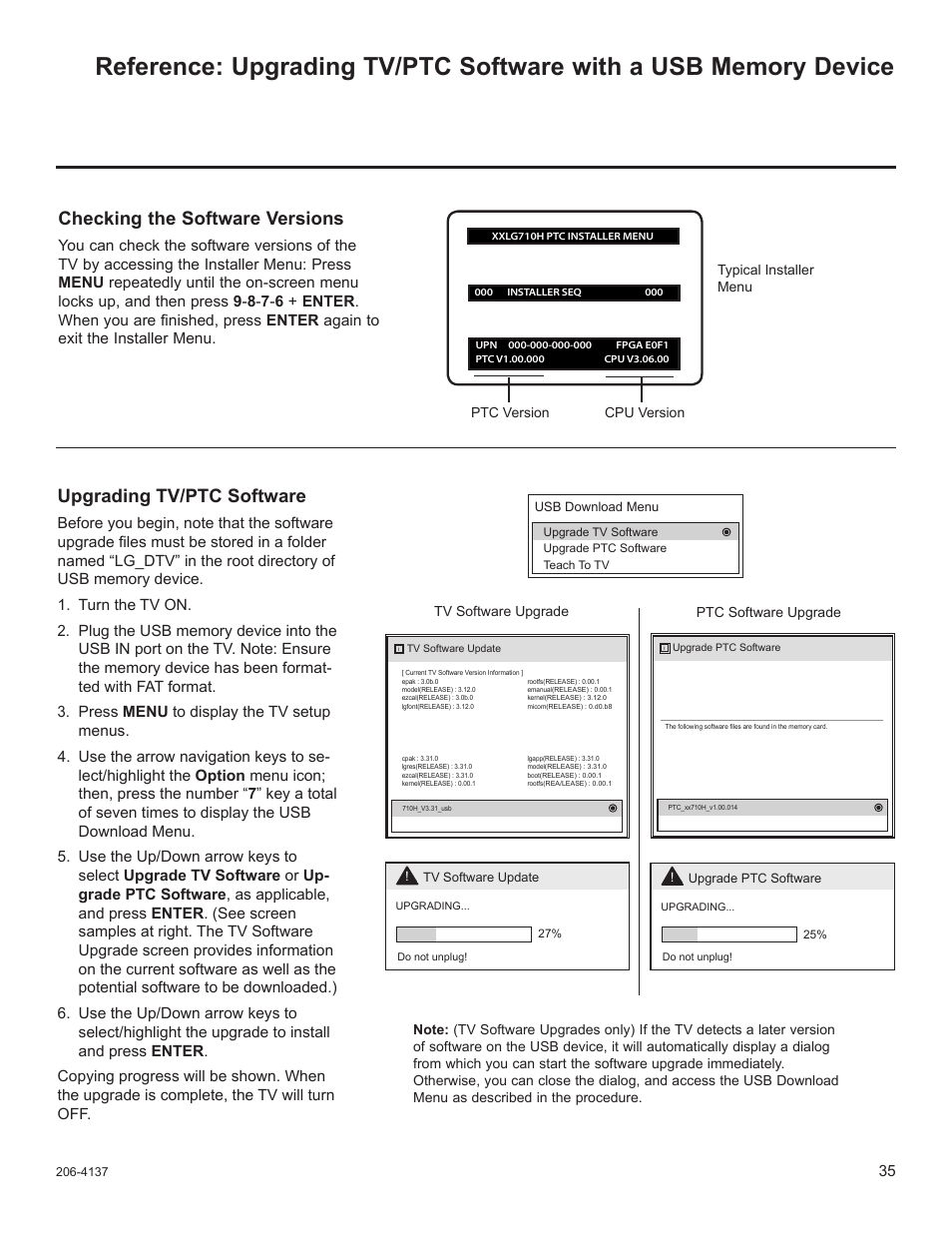 Upgrading tv/ptc software, Checking the software versions | LG 32LD655H User Manual | Page 154 / 167