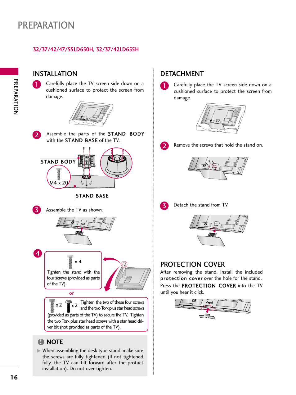 Preparation, Detachment, Installation | Protection cover | LG 32LD655H User Manual | Page 16 / 167