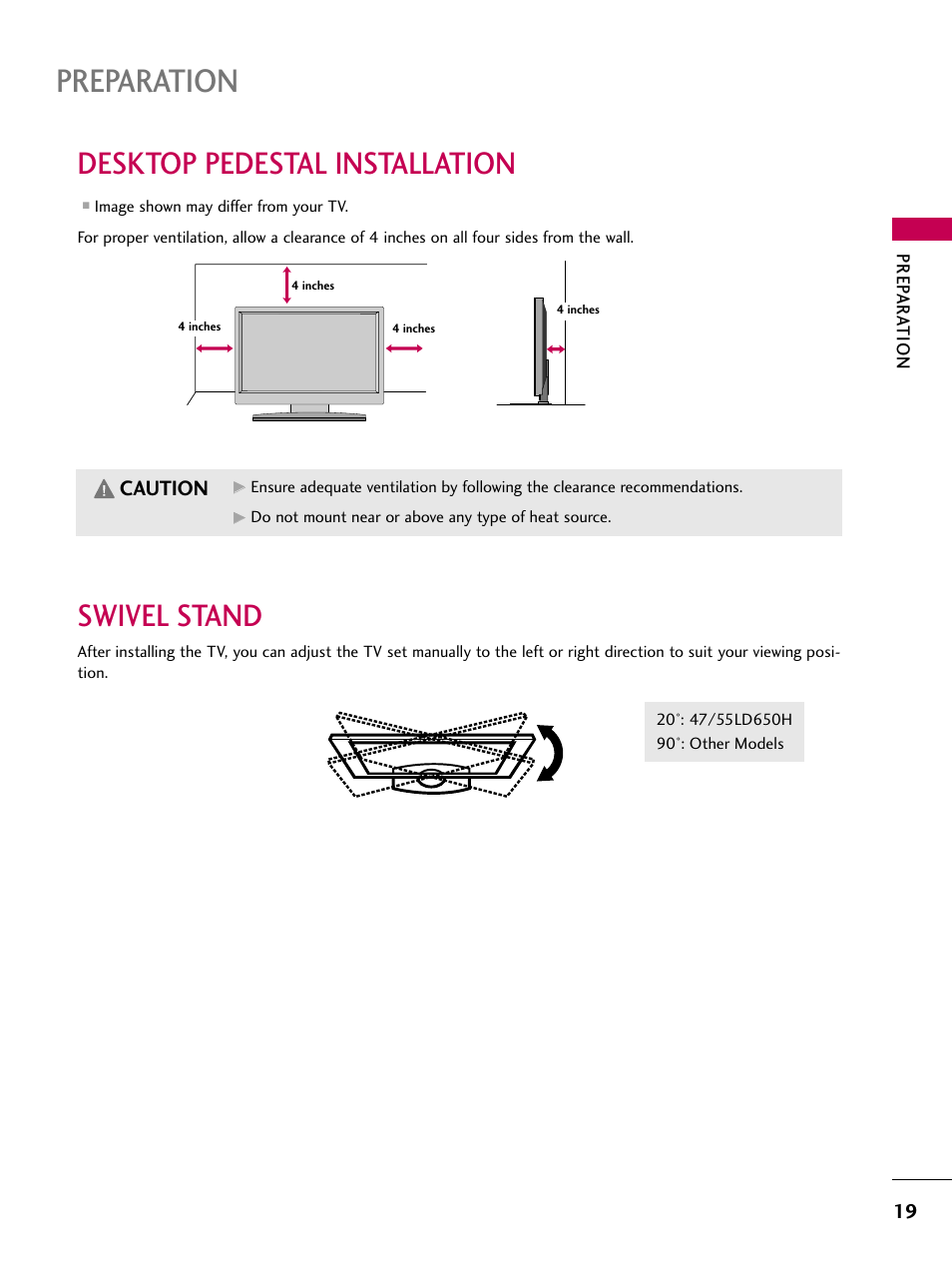 Desktop pedestal installation, Swivel stand, Preparation | Caution | LG 32LD655H User Manual | Page 19 / 167