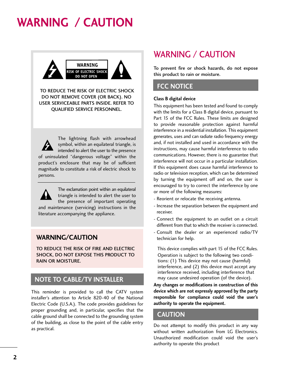 Warning / caution, Fcc notice, Caution | Warning/caution | LG 32LD655H User Manual | Page 2 / 167