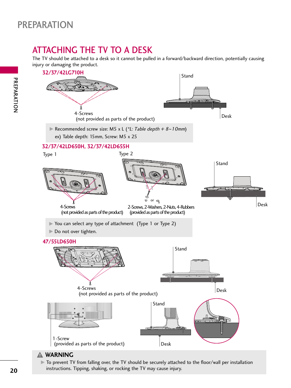 Attaching the tv to a desk, Preparation, Warning | LG 32LD655H User Manual | Page 20 / 167