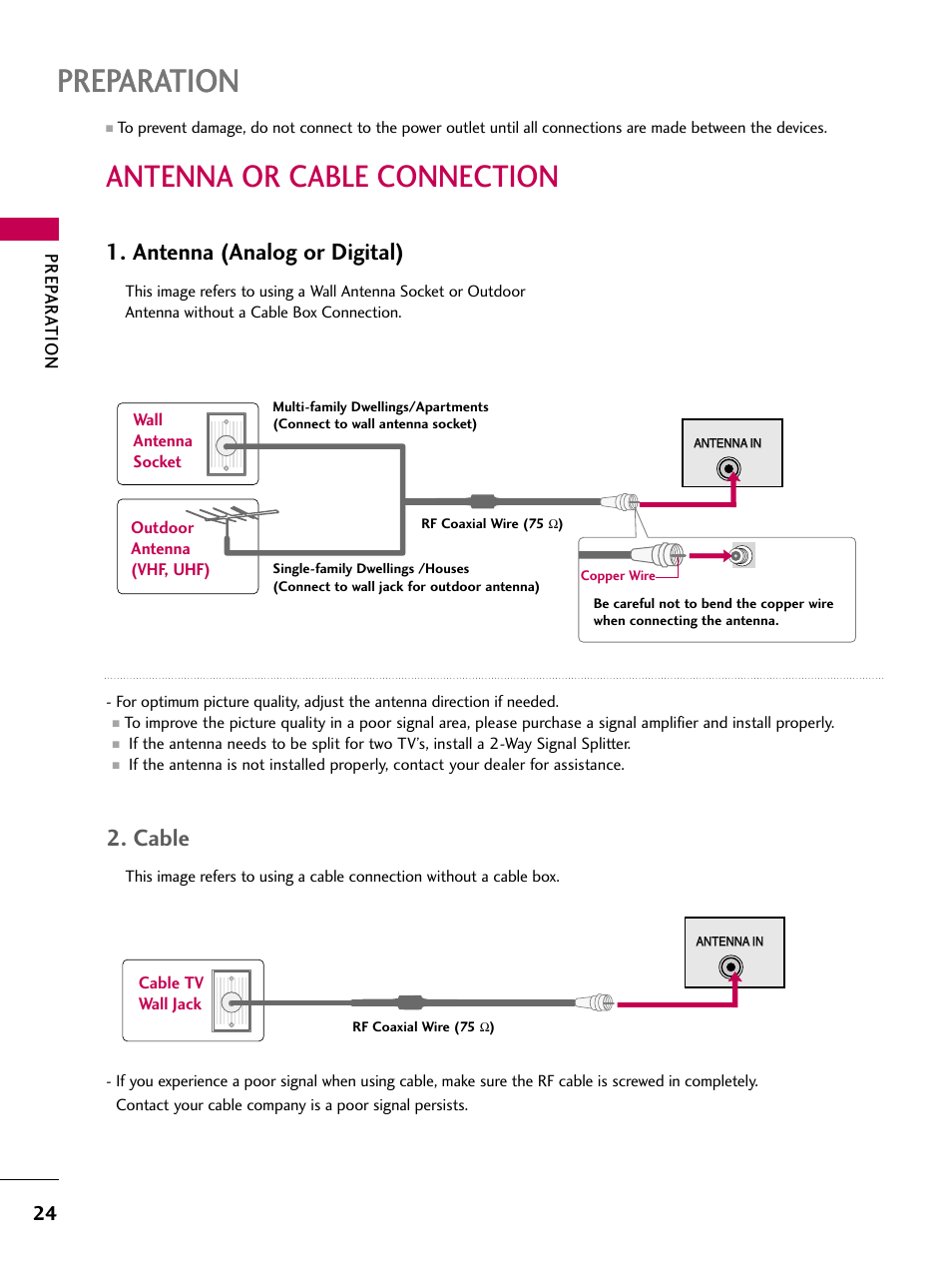 Antenna or cable connection, Preparation, Antenna (analog or digital) | Cable, Prep ar ation | LG 32LD655H User Manual | Page 24 / 167