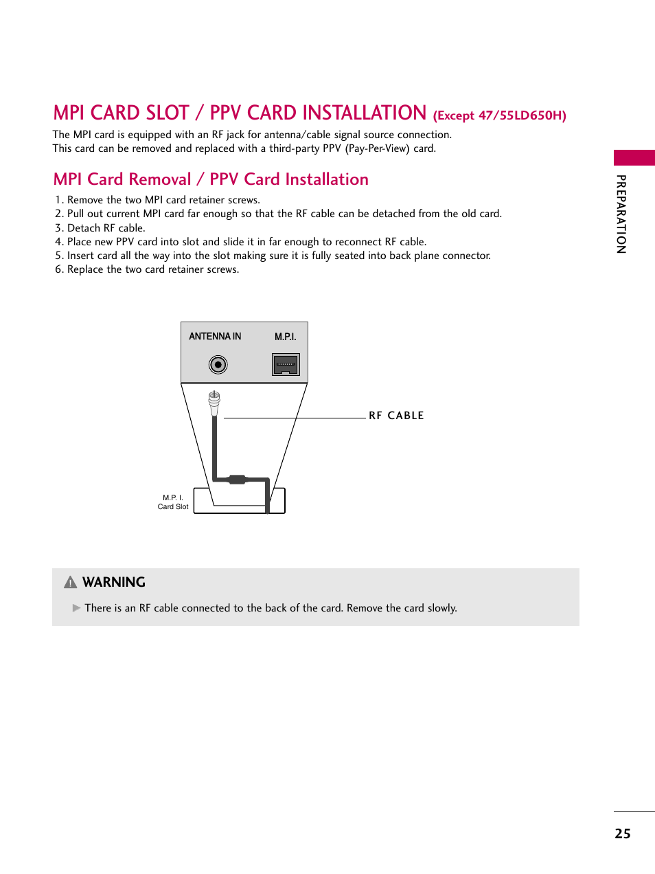 Mpi card slot / ppv card installation, Mpi card removal / ppv card installation, Warning | LG 32LD655H User Manual | Page 25 / 167