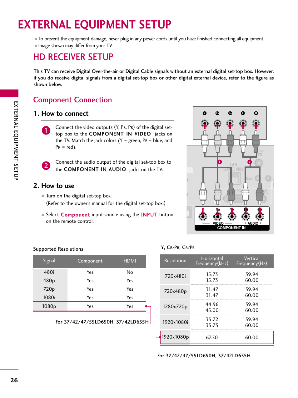 External equipment setup, Hd receiver setup, Component connection | How to connect, How to use, External eq uipment setup | LG 32LD655H User Manual | Page 26 / 167