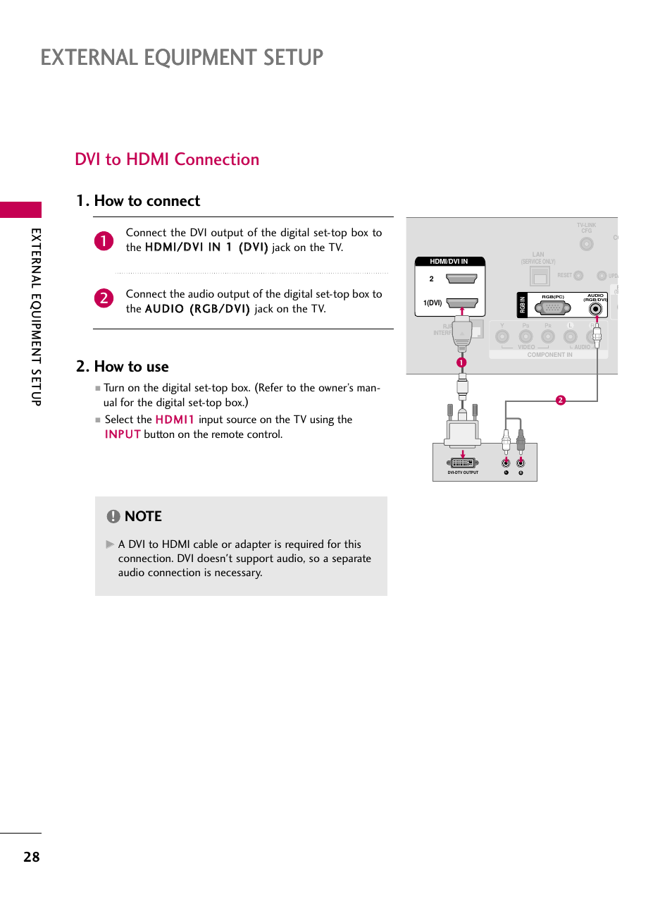 External equipment setup, Dvi to hdmi connection, How to connect 2. how to use | External eq uipment setup | LG 32LD655H User Manual | Page 28 / 167