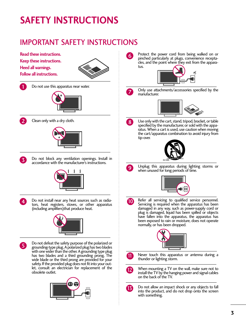 Safety instructions, Important safety instructions | LG 32LD655H User Manual | Page 3 / 167