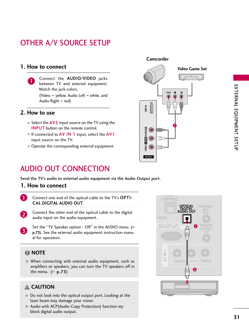 Other a/v source setup, Audio out connection, How to connect 2. how to use | How to connect, Caution, External eq uipment setup, Camcorder | LG 32LD655H User Manual | Page 31 / 167