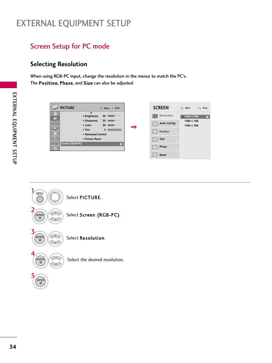 External equipment setup, Screen setup for pc mode, Selecting resolution | External eq uipment setup | LG 32LD655H User Manual | Page 34 / 167