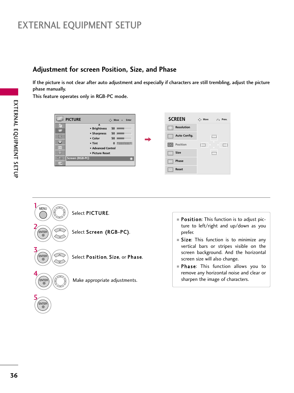 External equipment setup, Adjustment for screen position, size, and phase, External eq uipment setup | LG 32LD655H User Manual | Page 36 / 167