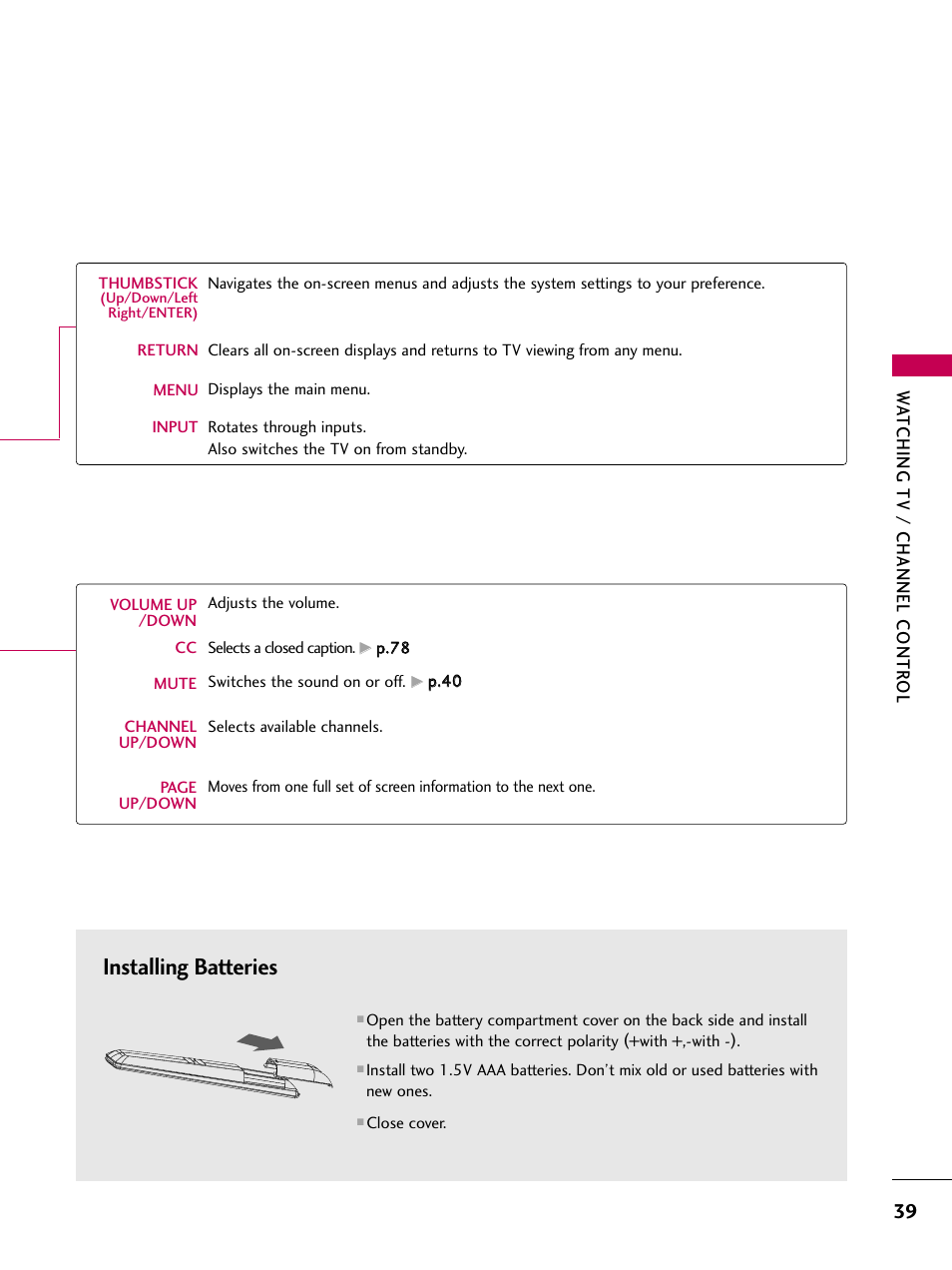 Installing batteries | LG 32LD655H User Manual | Page 39 / 167