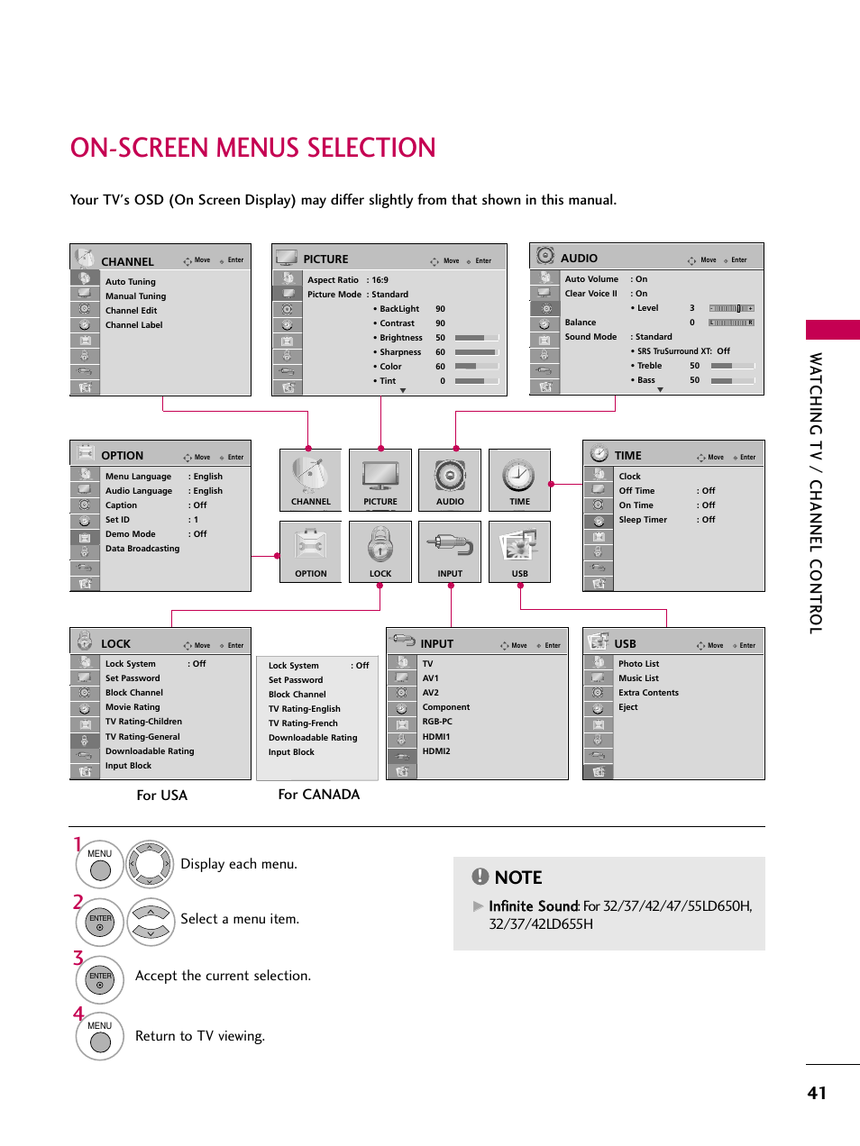 On-screen menus selection, Watching tv / channel contr ol, Return to tv viewing | LG 32LD655H User Manual | Page 41 / 167