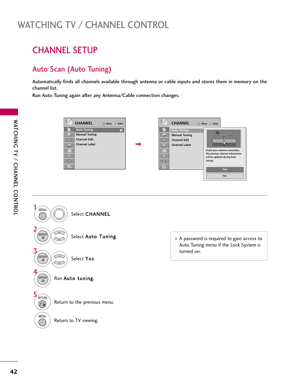 Channel setup, Auto scan (auto tuning), Watching tv / channel control | Watching tv / channel contr ol | LG 32LD655H User Manual | Page 42 / 167