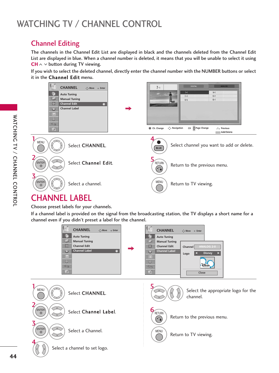 Channel label, Watching tv / channel control, Channel editing | Watching tv / channel contr ol | LG 32LD655H User Manual | Page 44 / 167