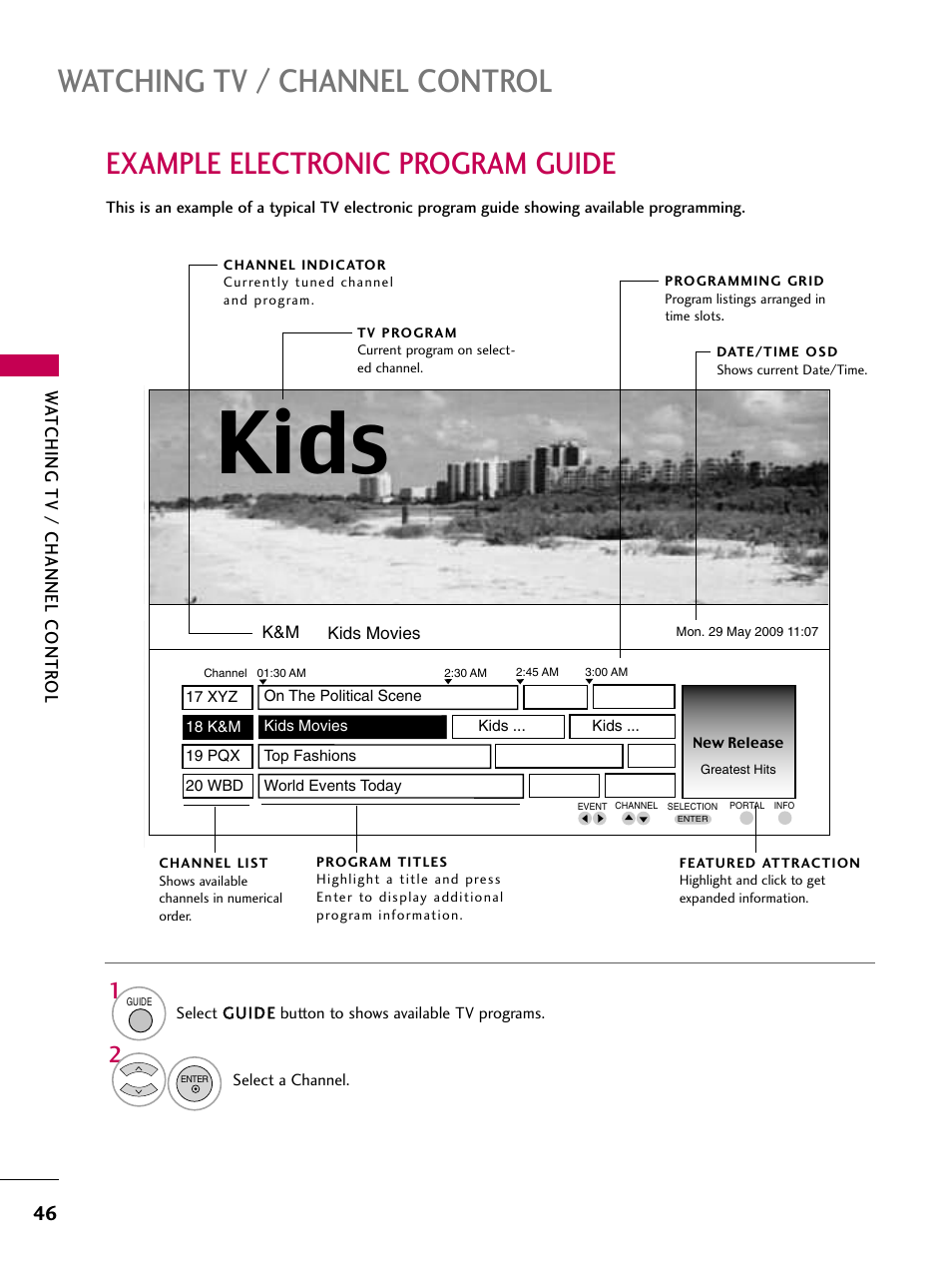 Example electronic program guide, Kids, Watching tv / channel control | LG 32LD655H User Manual | Page 46 / 167