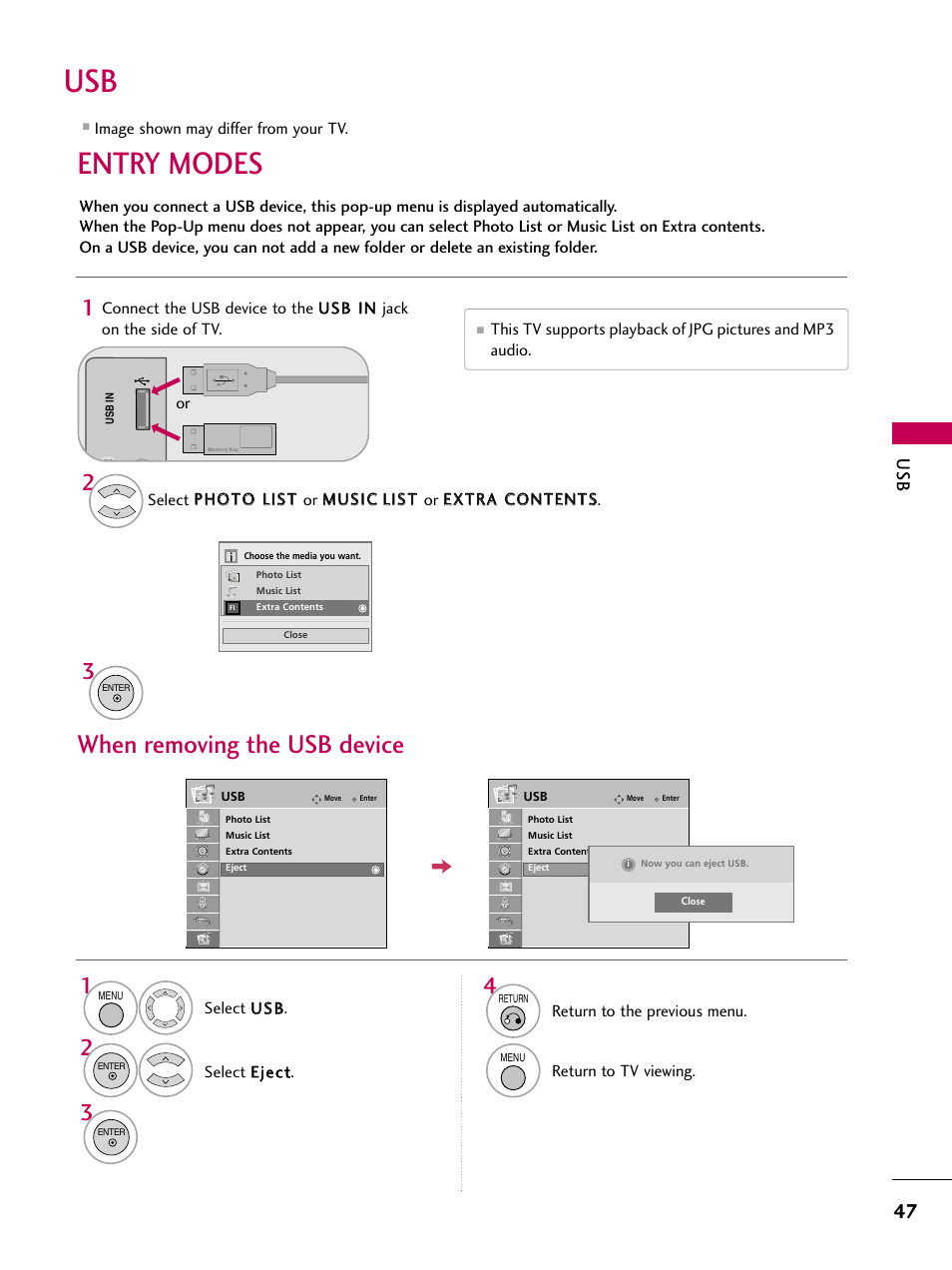 Entry modes, When removing the usb device | LG 32LD655H User Manual | Page 47 / 167