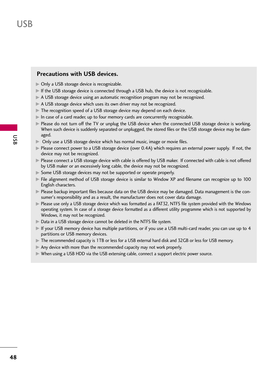 Precautions with usb devices | LG 32LD655H User Manual | Page 48 / 167