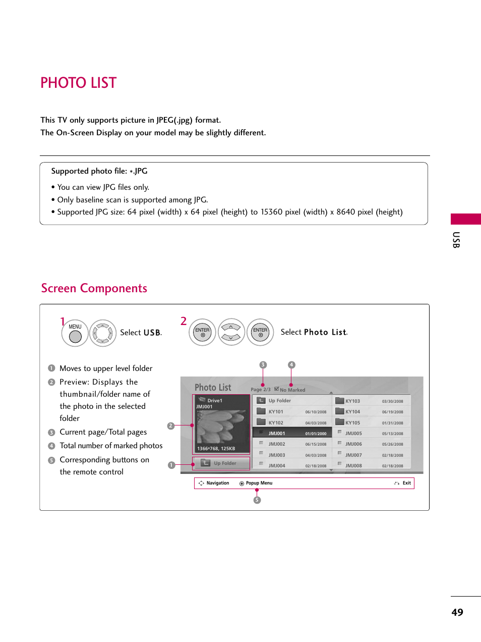 Photo list, Screen components | LG 32LD655H User Manual | Page 49 / 167