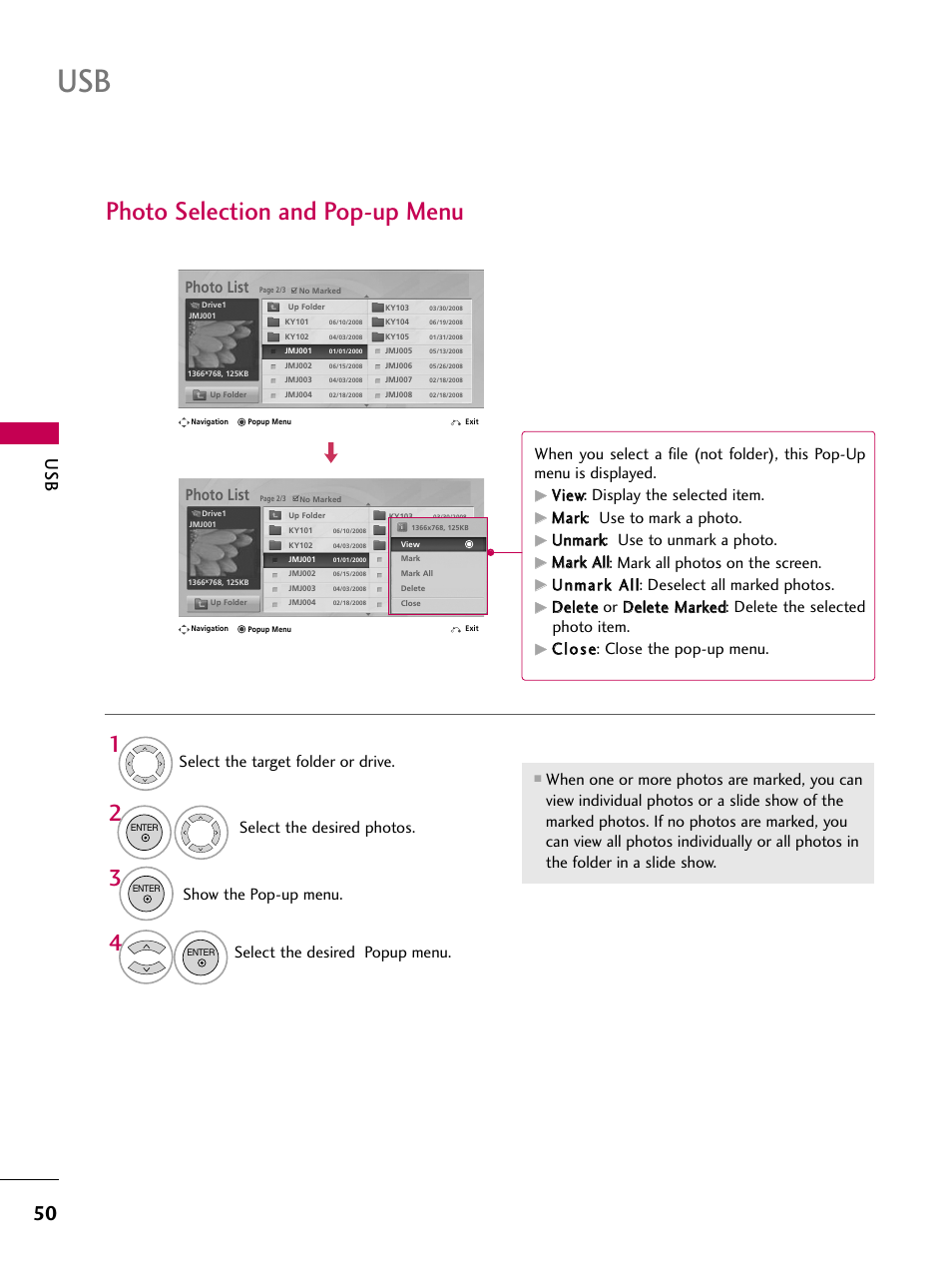 Photo selection and pop-up menu, Show the pop-up menu, Select the desired popup menu | Photo list, Vviieew w: display the selected item, Mmaarrkk: use to mark a photo, Uunnm maarrkk: use to unmark a photo, Ccllo ossee: close the pop-up menu | LG 32LD655H User Manual | Page 50 / 167