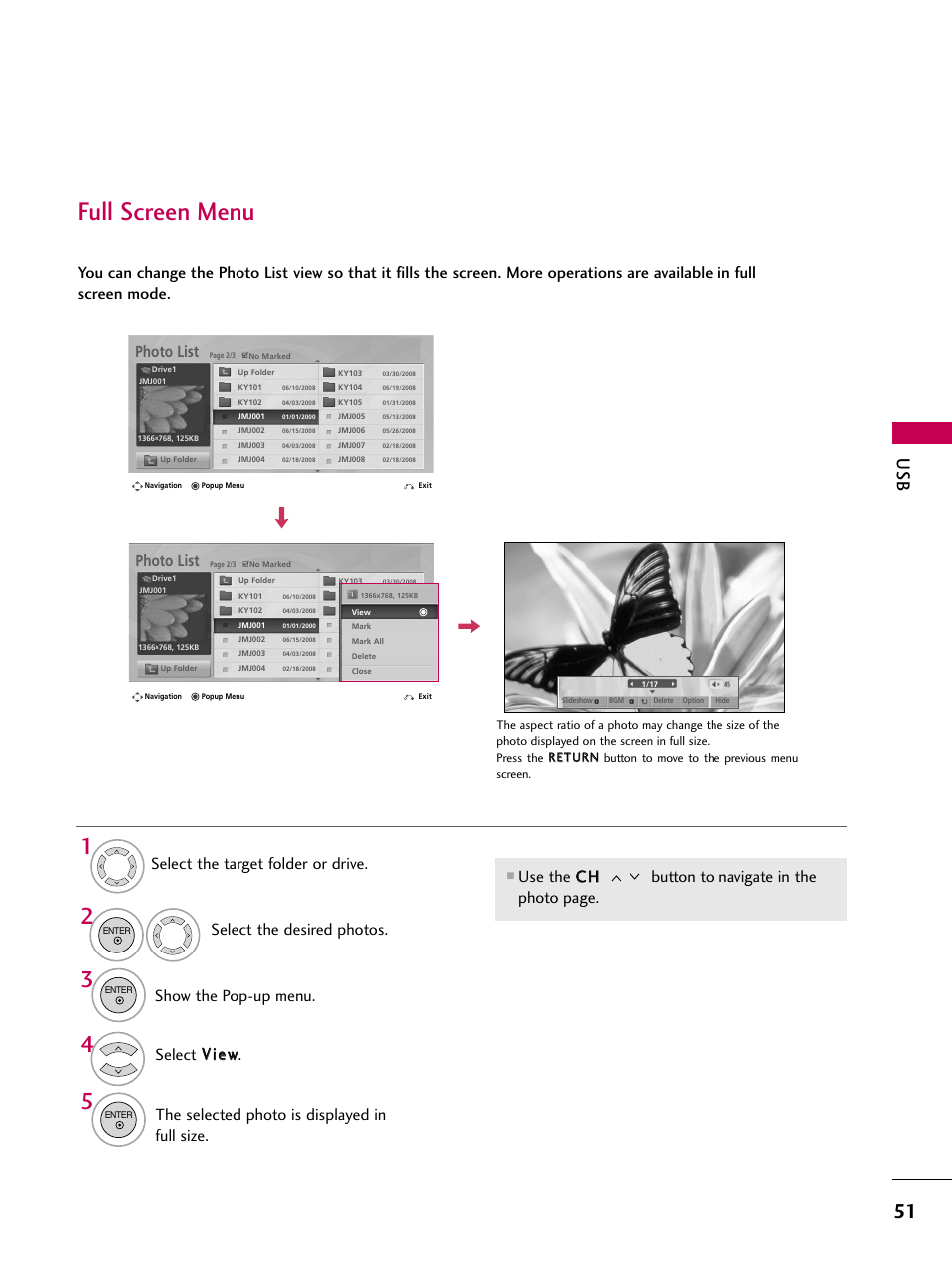 Full screen menu, Photo list | LG 32LD655H User Manual | Page 51 / 167