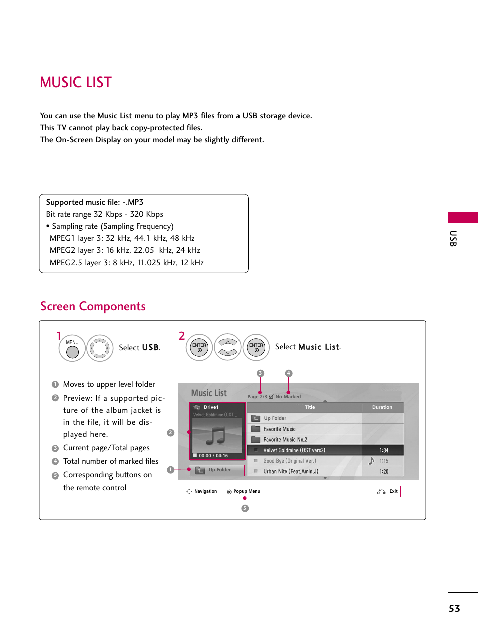 Music list, Screen components | LG 32LD655H User Manual | Page 53 / 167