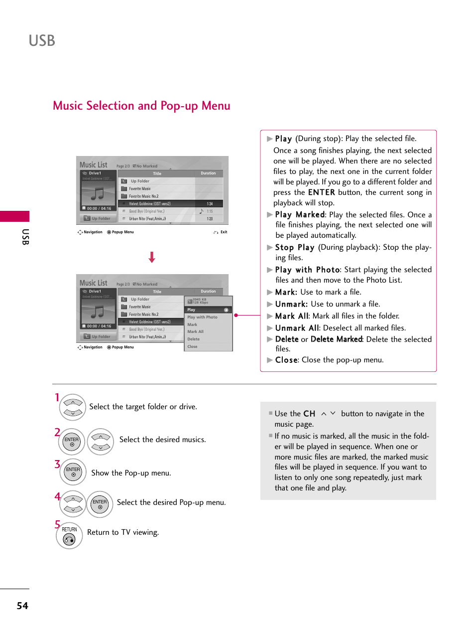 Music selection and pop-up menu | LG 32LD655H User Manual | Page 54 / 167