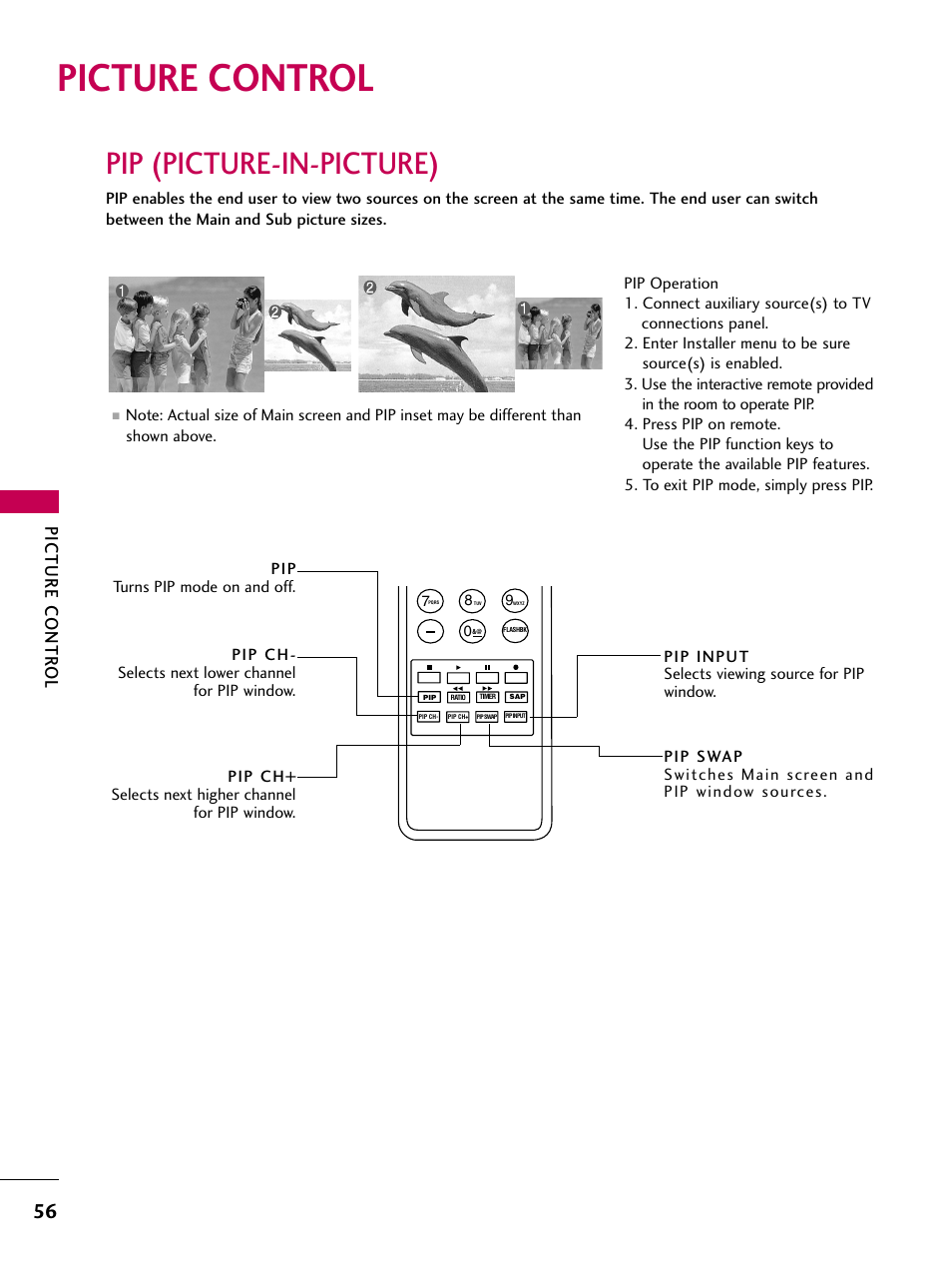 Picture control, Pip (picture-in-picture), Picture contr ol | LG 32LD655H User Manual | Page 56 / 167