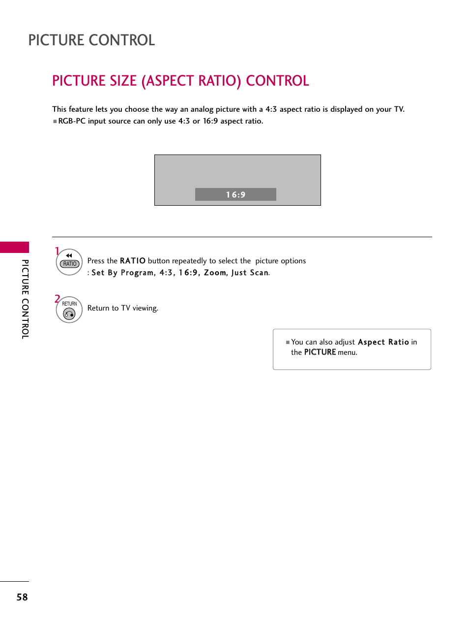 Picture size (aspect ratio) control, Picture control | LG 32LD655H User Manual | Page 58 / 167