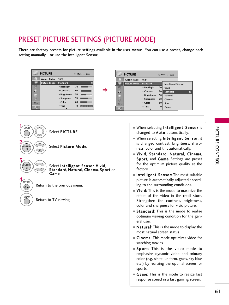 Preset picture settings (picture mode), Picture contr ol | LG 32LD655H User Manual | Page 61 / 167