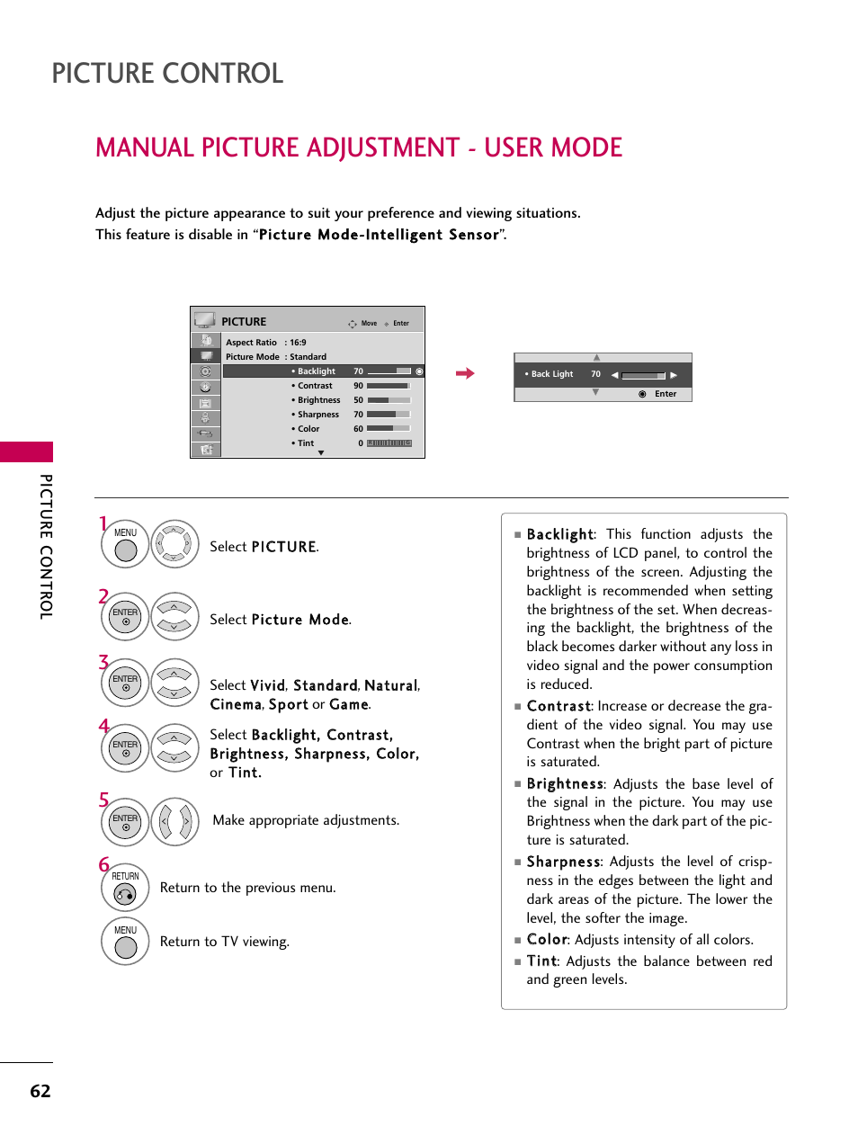 Manual picture adjustment - user mode, Picture control, Picture contr ol | LG 32LD655H User Manual | Page 62 / 167