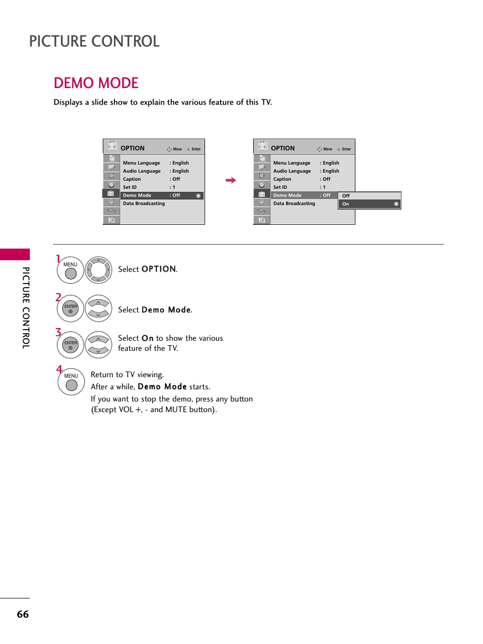 Demo mode, Picture control, Picture contr ol | LG 32LD655H User Manual | Page 66 / 167