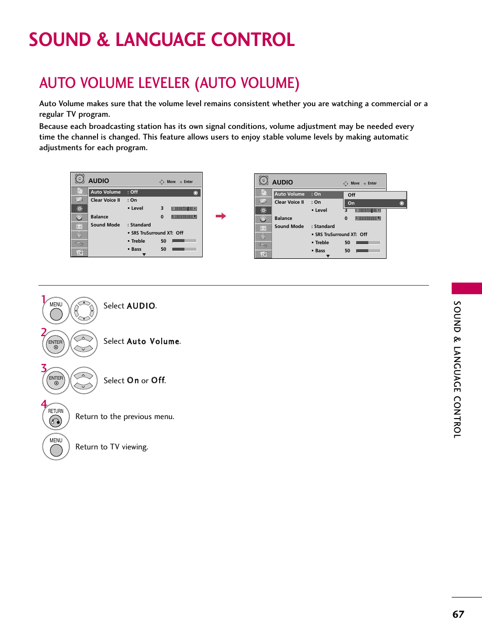 Sound & language control, Auto volume leveler (auto volume), Sound & langu a ge contr ol | Return to the previous menu, Return to tv viewing | LG 32LD655H User Manual | Page 67 / 167