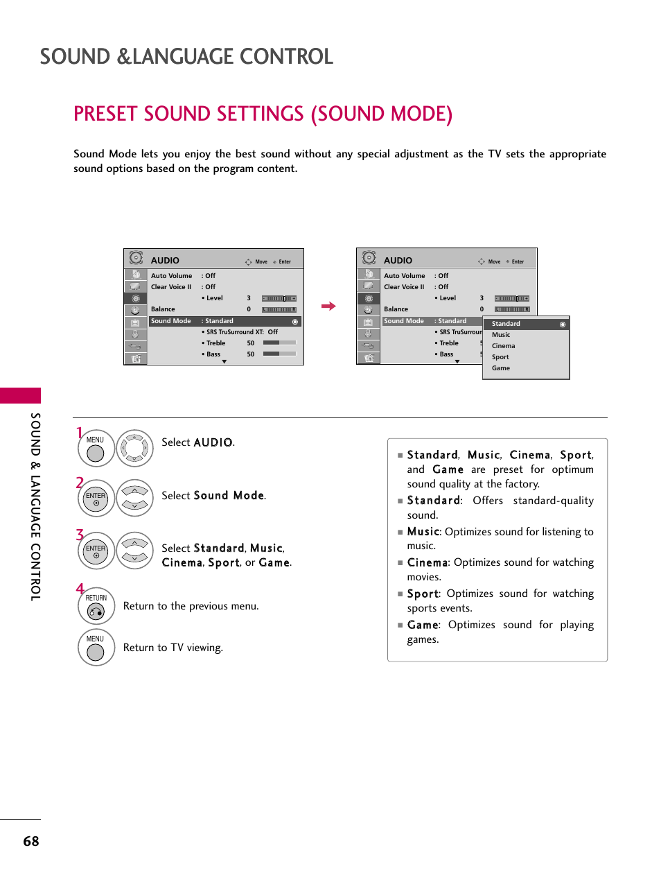 Preset sound settings (sound mode), Sound &language control, Sound & langu a ge contr ol | LG 32LD655H User Manual | Page 68 / 167