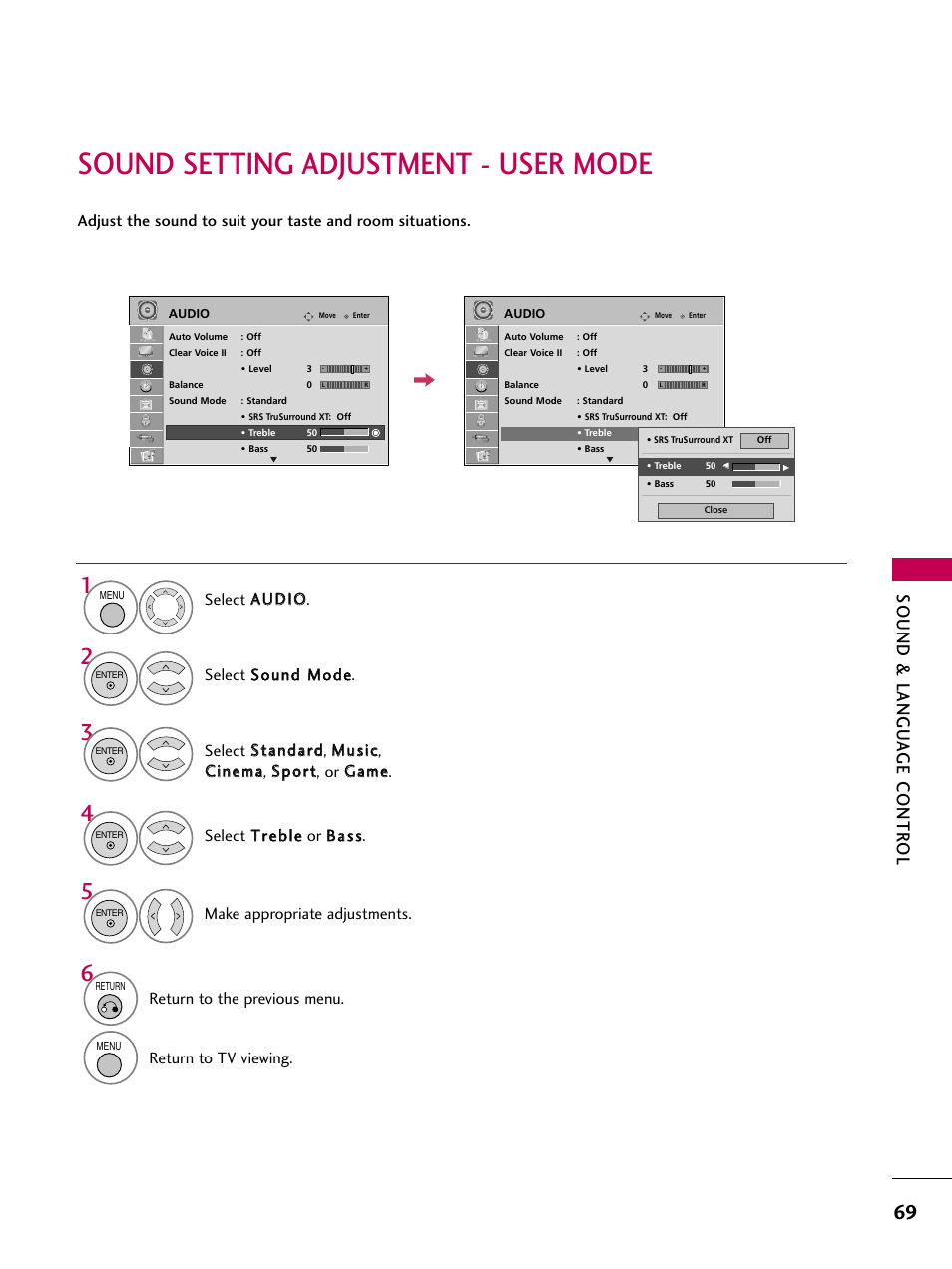 Sound setting adjustment - user mode, Sound & langu a ge contr ol, Make appropriate adjustments | Return to the previous menu, Return to tv viewing | LG 32LD655H User Manual | Page 69 / 167