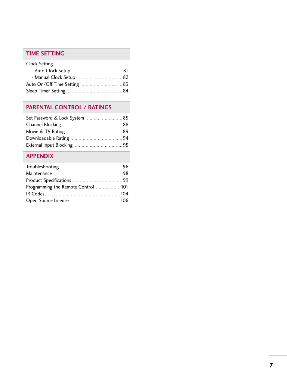 7time setting, Parental control / ratings, Appendix | LG 32LD655H User Manual | Page 7 / 167