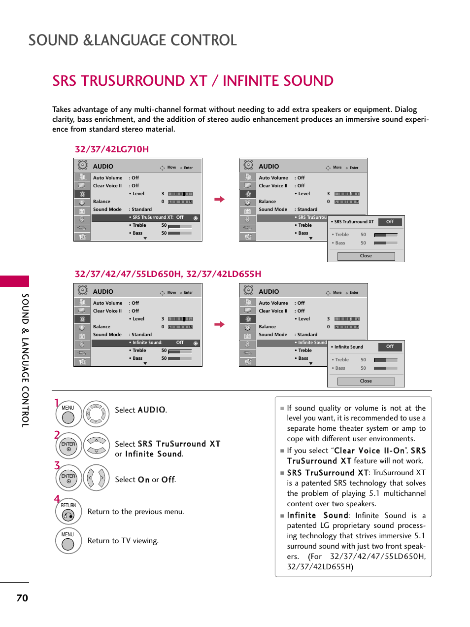 Srs trusurround xt / infinite sound, Sound &language control, Sound & langu a ge contr ol | Return to the previous menu | LG 32LD655H User Manual | Page 70 / 167