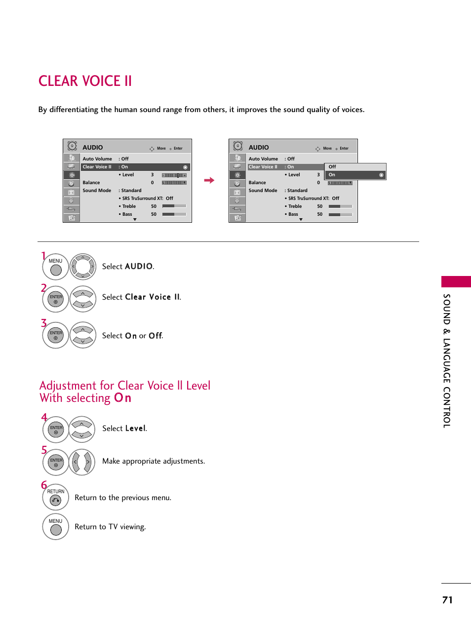 Clear voice ii, Sound & langu a ge contr ol | LG 32LD655H User Manual | Page 71 / 167